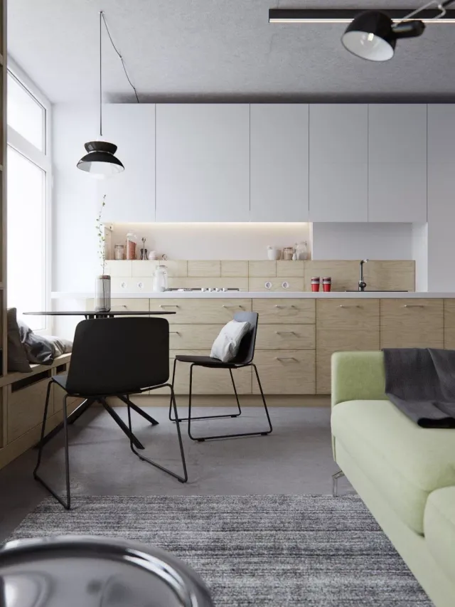 1.Avocado-coloured-couch-light-wood-panelling-living-space-and-kitchen-1024x1365
