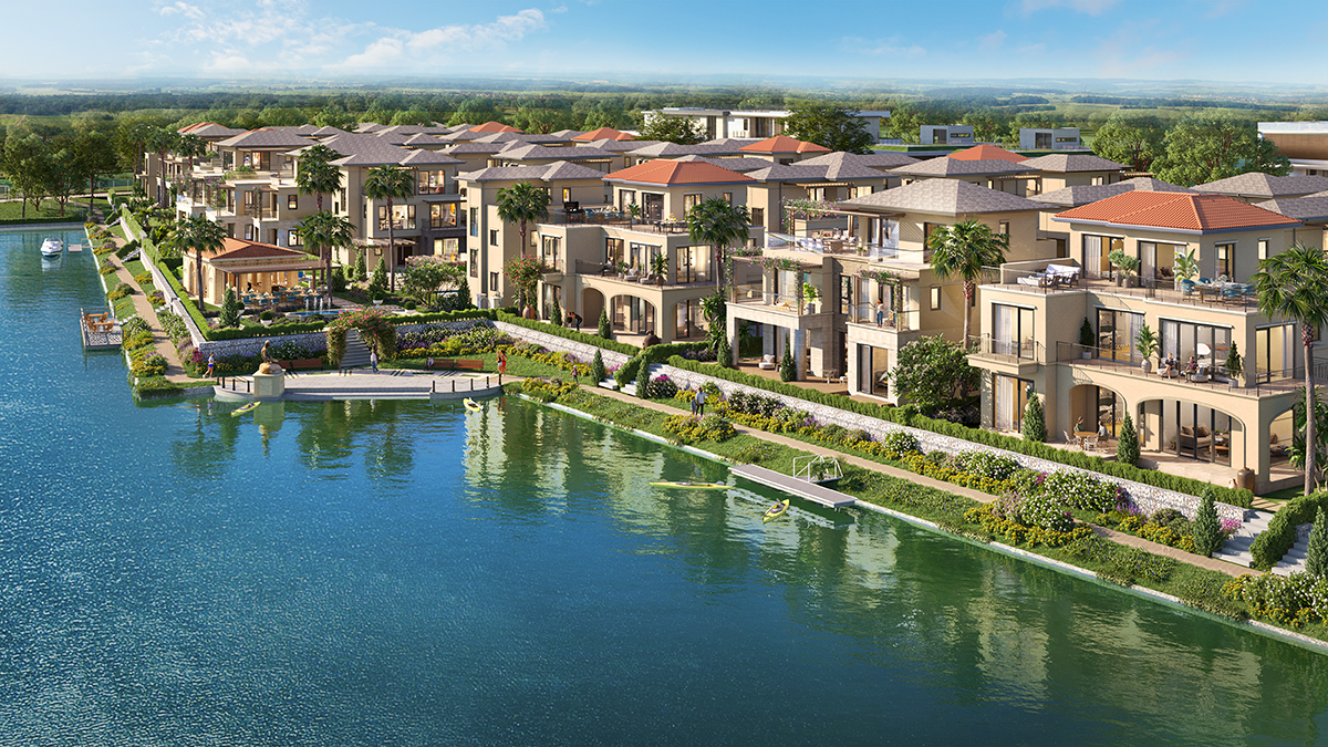 Toàn cảnh dự án The Pearl ven sông Vàm Cỏ – kiến trúc Địa Trung Hải kết hợp cảnh quan sông nước
