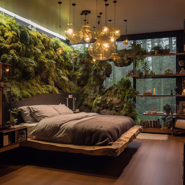 Phòng ngủ với Biophilic Design: cây cảnh lớn, ánh sáng tự nhiên, vật liệu tự nhiên