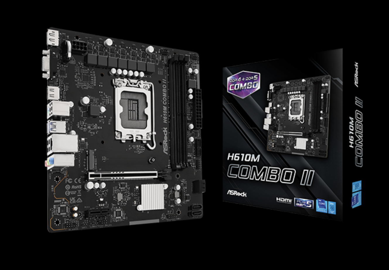 ASRock H610M COMBO II - Ảnh bo mạch từ eTeknix, thể hiện bố cục các khe DIMM và PCIe