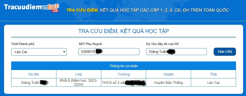 Thông tin học sinh khi tra cứu điểm vnEdu