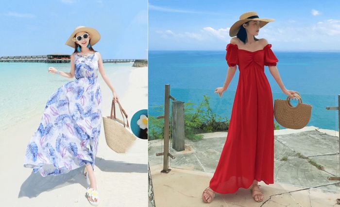 Đầm maxi kết hợp mũ rộng vành mang lại vẻ nữ tính cho chuyến đi biển