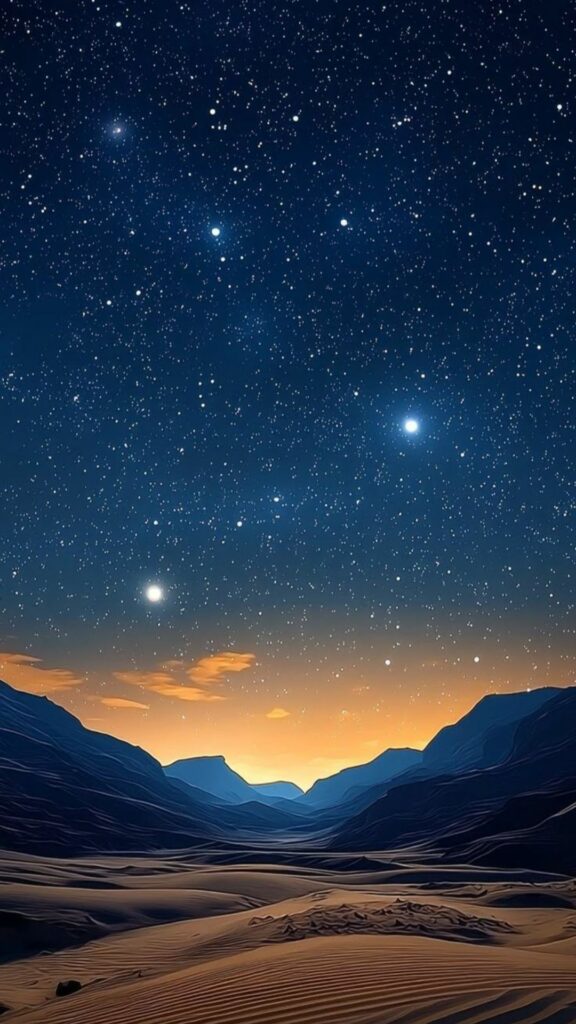 Thung lũng cát dưới bầu trời sao và ánh bình minh