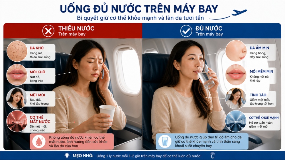 Tác hại mất nước khi đi máy bay và cách bổ sung nước đúng cách