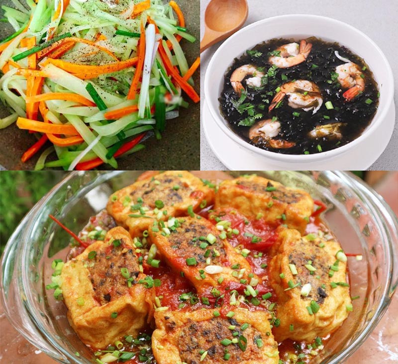 Đậu hũ dồn thịt - Su su xào - Canh tôm rong biển