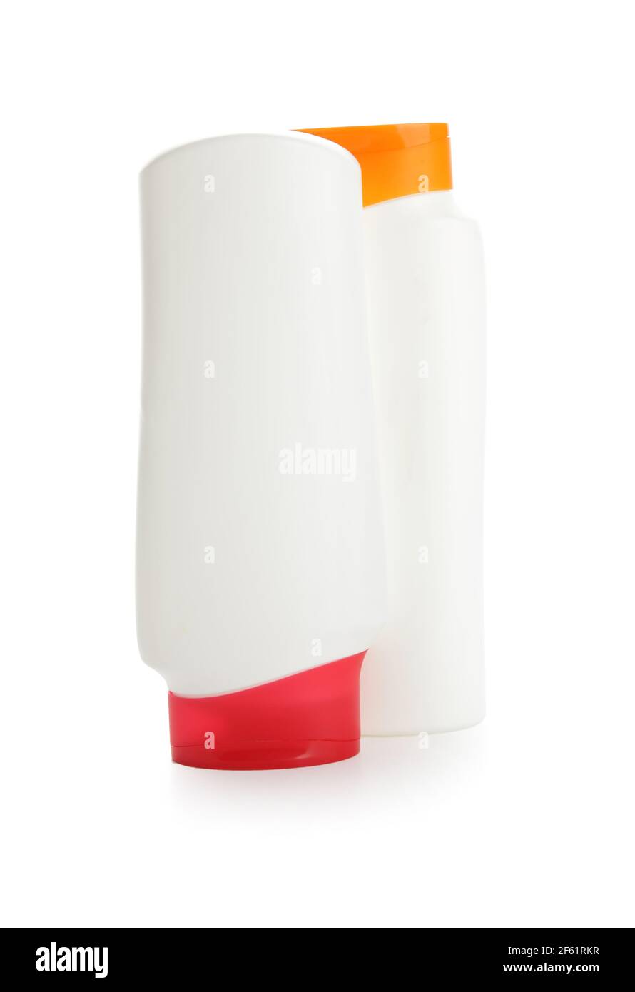 bottles of shampoo on white background