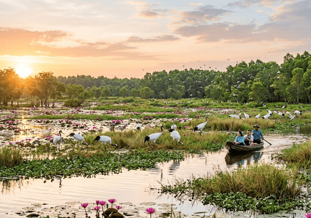 Khung cảnh yên bình tại Vườn quốc gia Tràm Chim, nơi con người hòa mình giữa thiên nhiên hoang dã