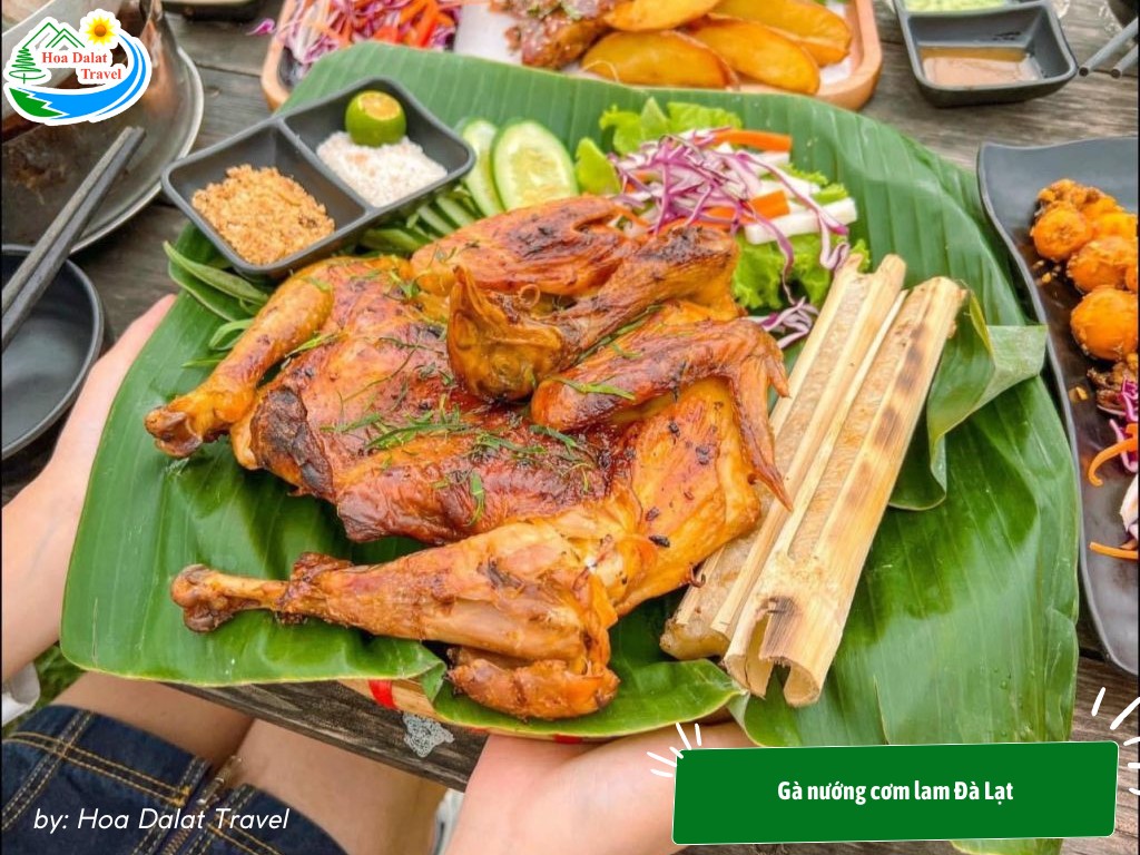 Gà nướng và cơm lam dùng tại Đà Lạt trong không gian thiên nhiên