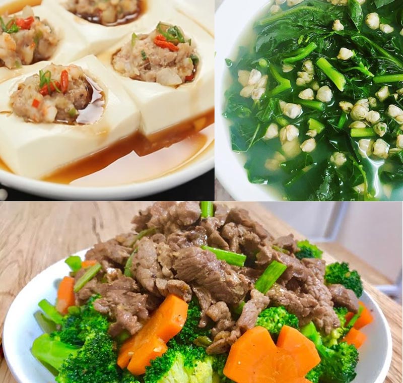 Đậu hũ hấp - Thịt bò xào - Canh hến mồng tơi