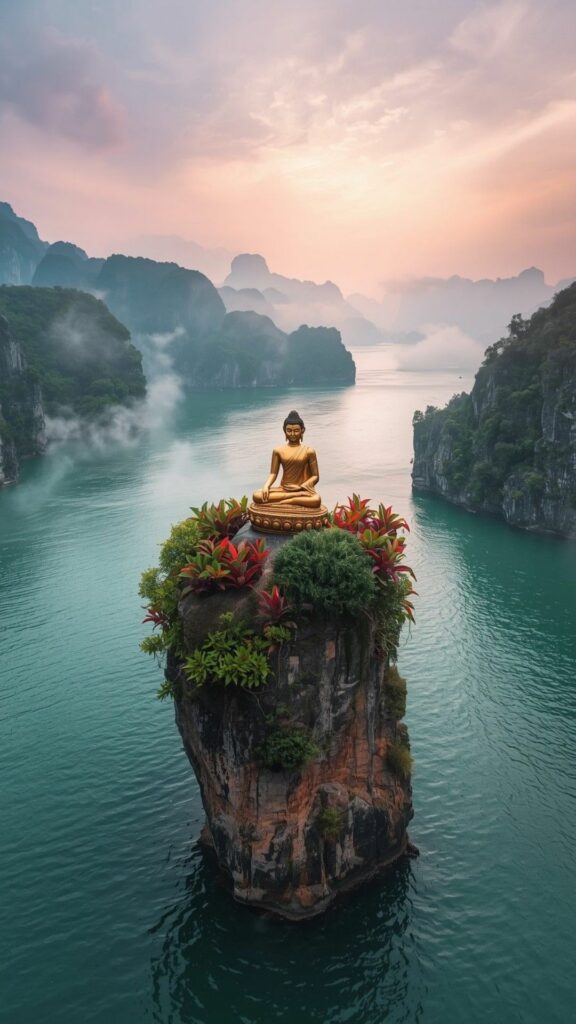 Tượng Phật trên đảo đá giữa sông núi mờ sương