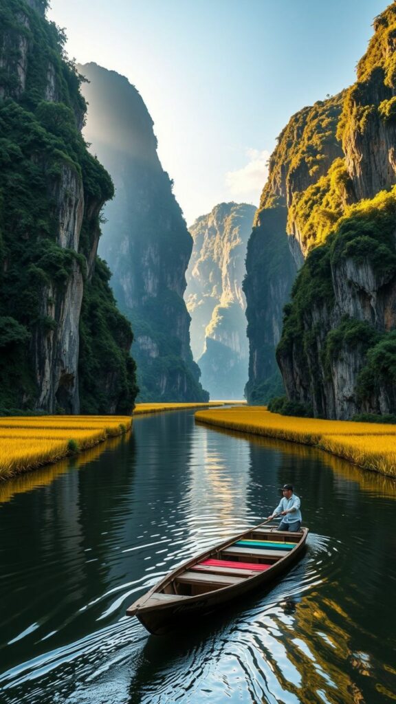 Chiếc thuyền nhỏ trôi giữa hẻm núi và dòng nước