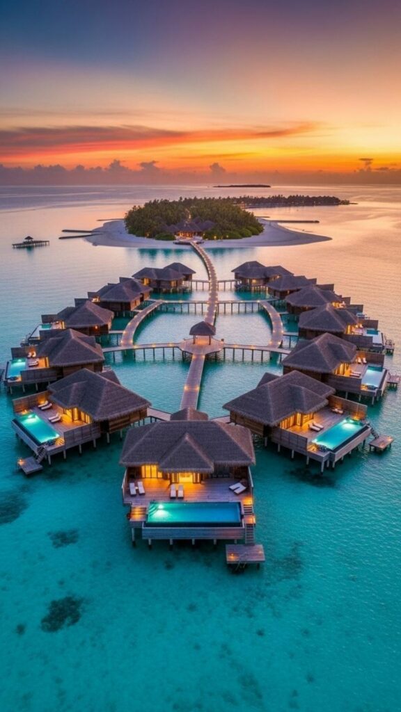 Resort trên mặt biển yên bình dưới trời hoàng hôn