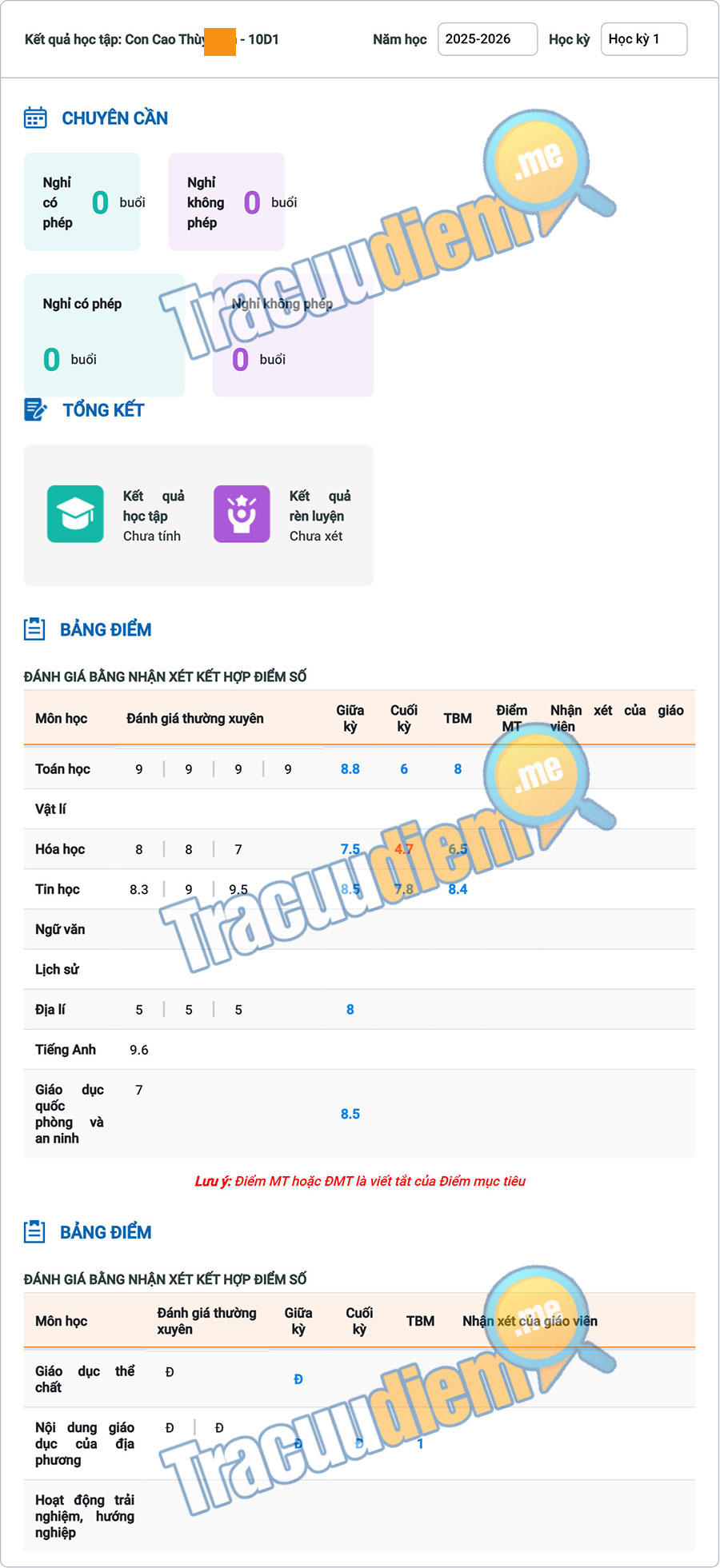 Giao diện vnedu vn tra điểm