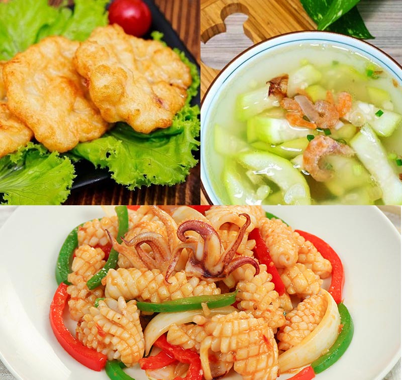 Mực xào sa tế - Chả mực chiên - Canh bầu tôm khô