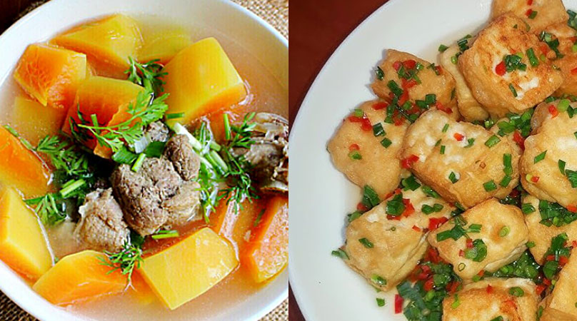 Đậu hũ tẩm hành - Canh đu đủ xương heo