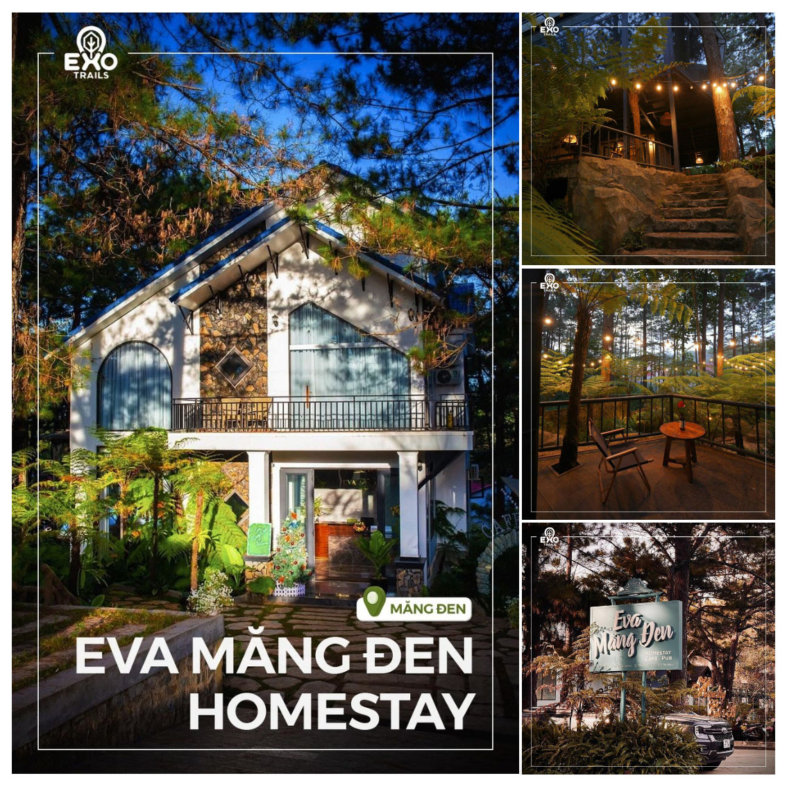 Khuôn viên kiến trúc gỗ mộc mạc tại Eva Măng Đen Homestay