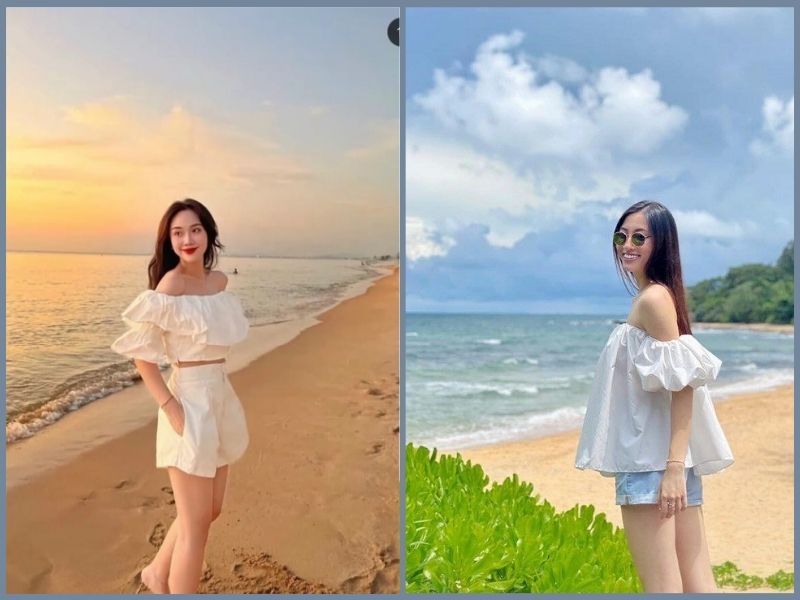 Áo trễ vai phối quần short lưng cao đậm nữ tính