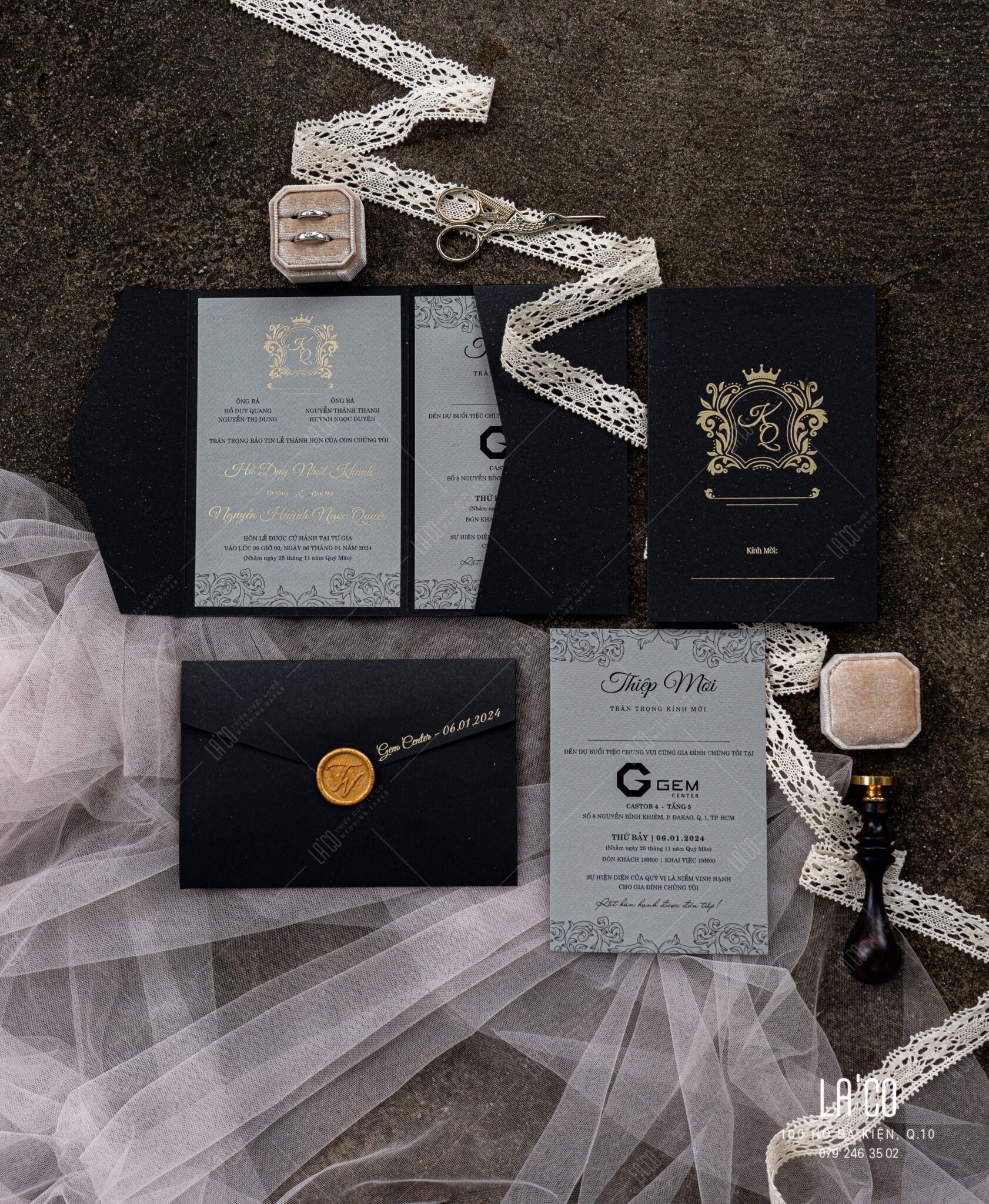 Thiệp cưới đen xám tối giản và sang trọng