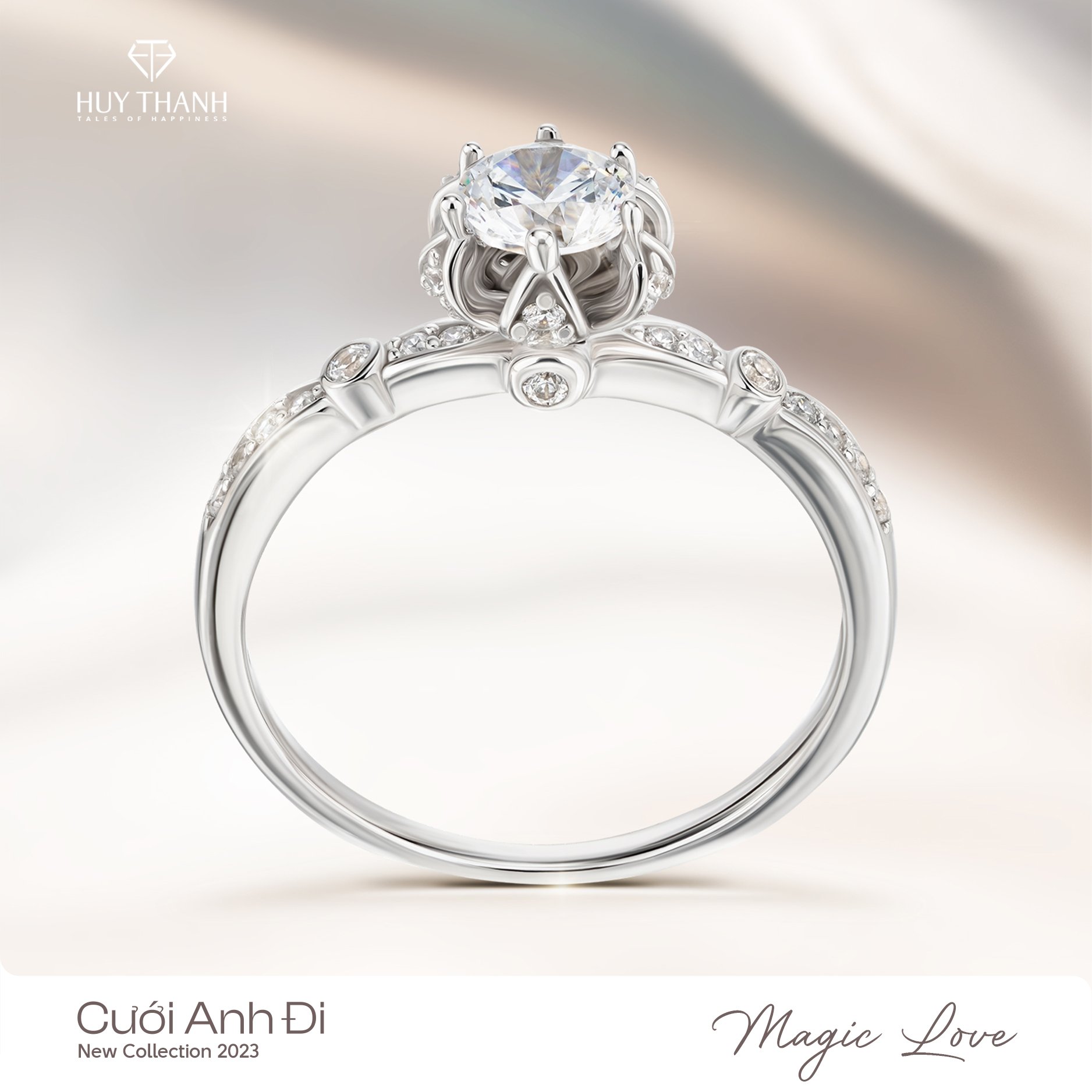 nhẫn cầu hôn Magic Love hoa mẫu đơn 3D lấp lánh CZ