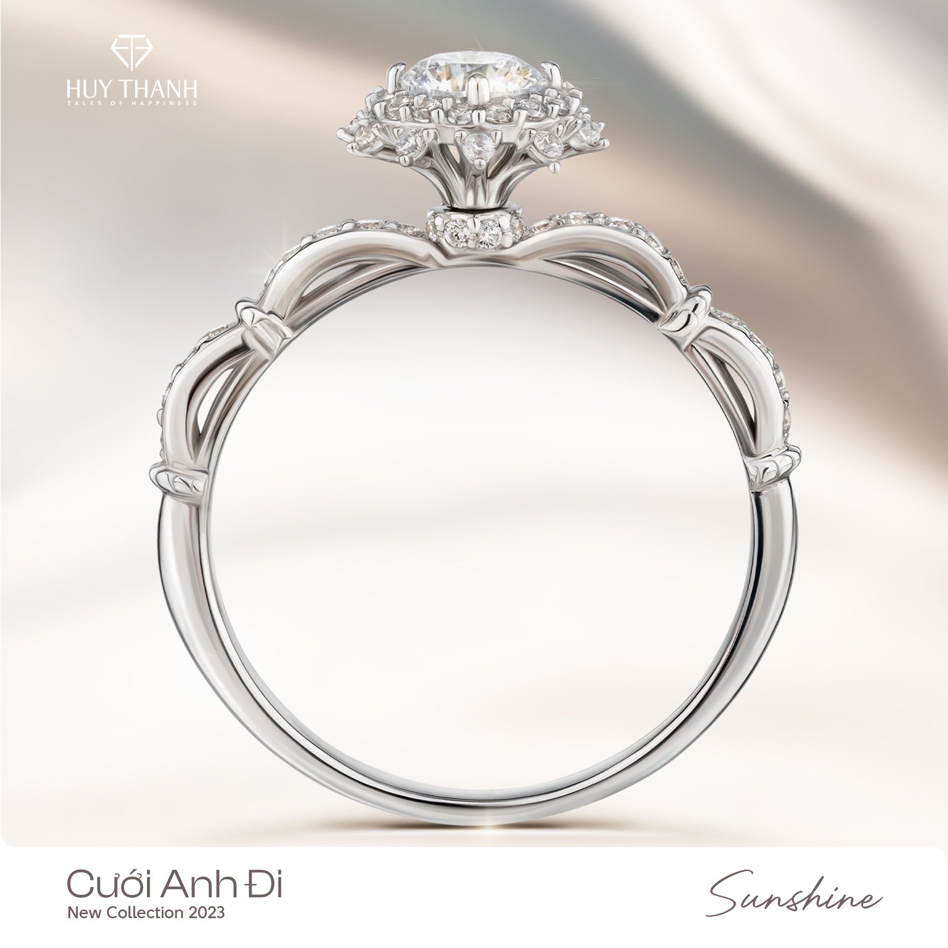 nhẫn cầu hôn Sunshine thiết kế halo vàng hồng vàng trắng CZ