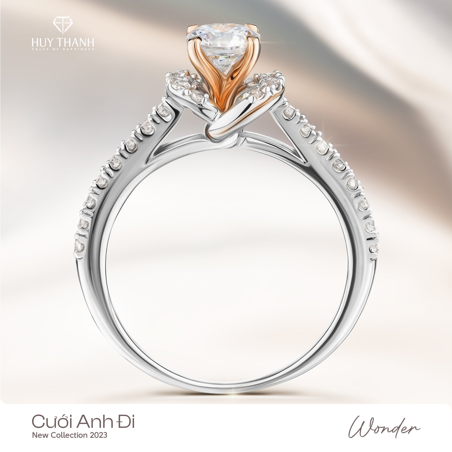 nhẫn cầu hôn Wonder bông hoa 2 tầng kim cương lab-grown 5 li