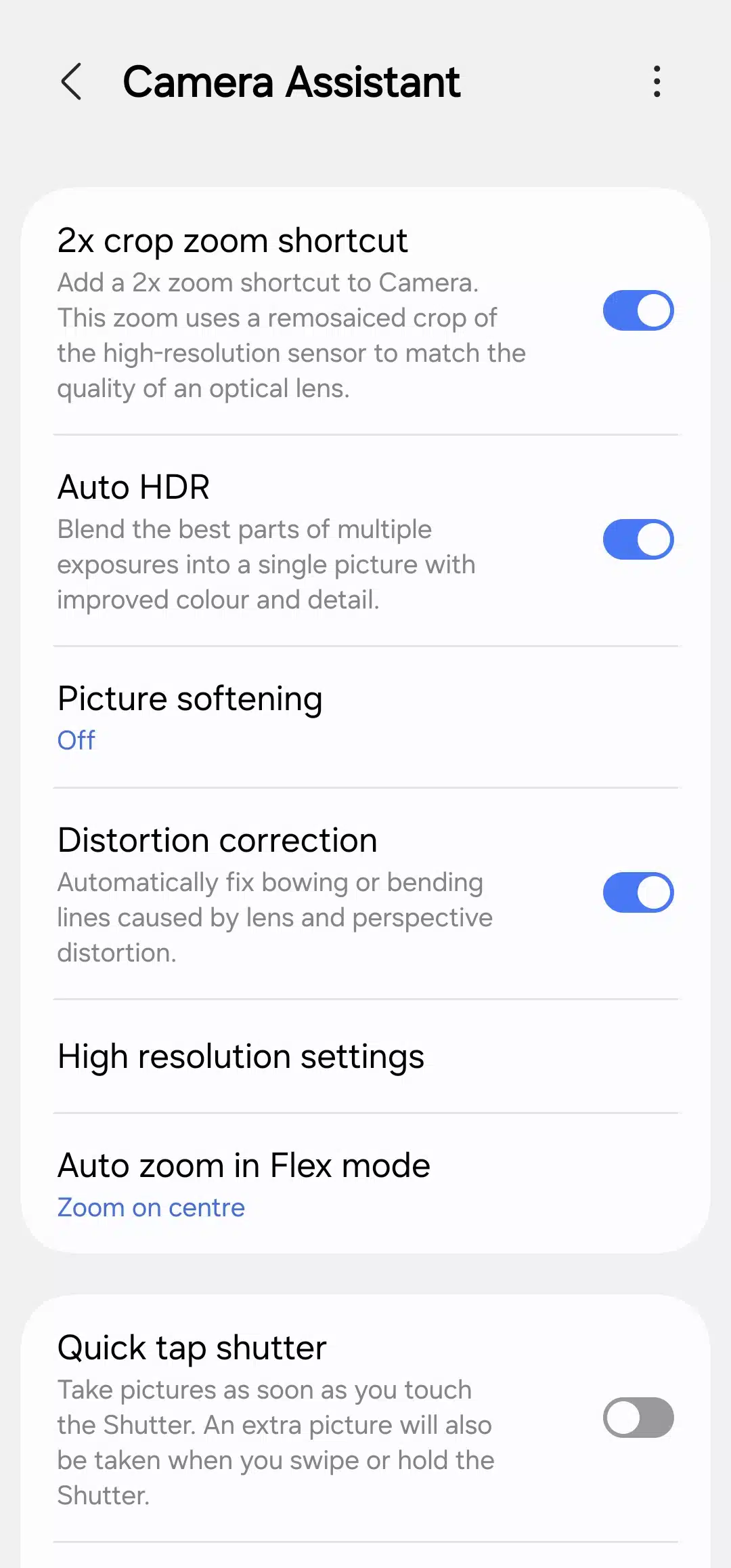Màn hình cài đặt camera Samsung