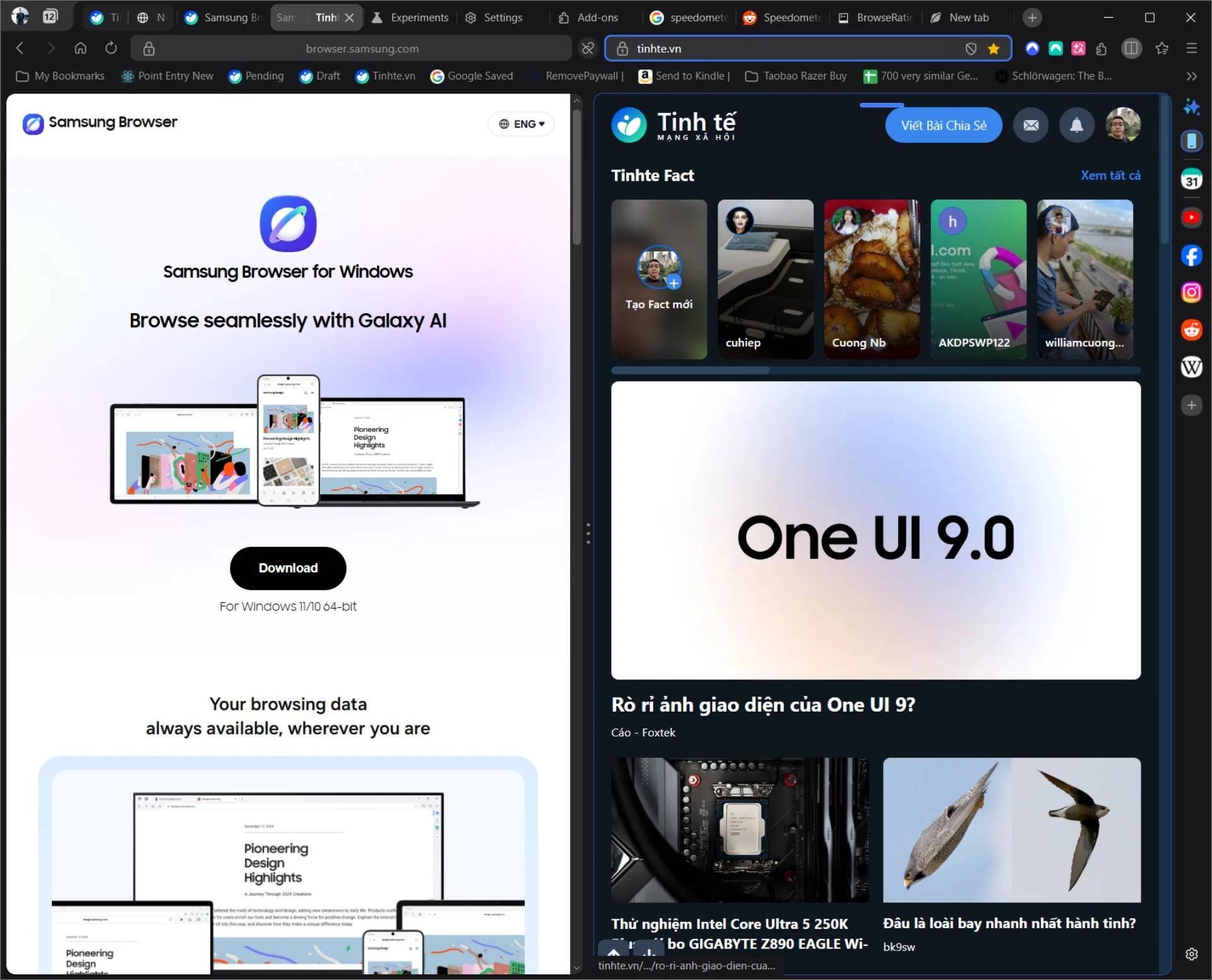 Samsung Browser splitview - nguồn từ Tinh Tế