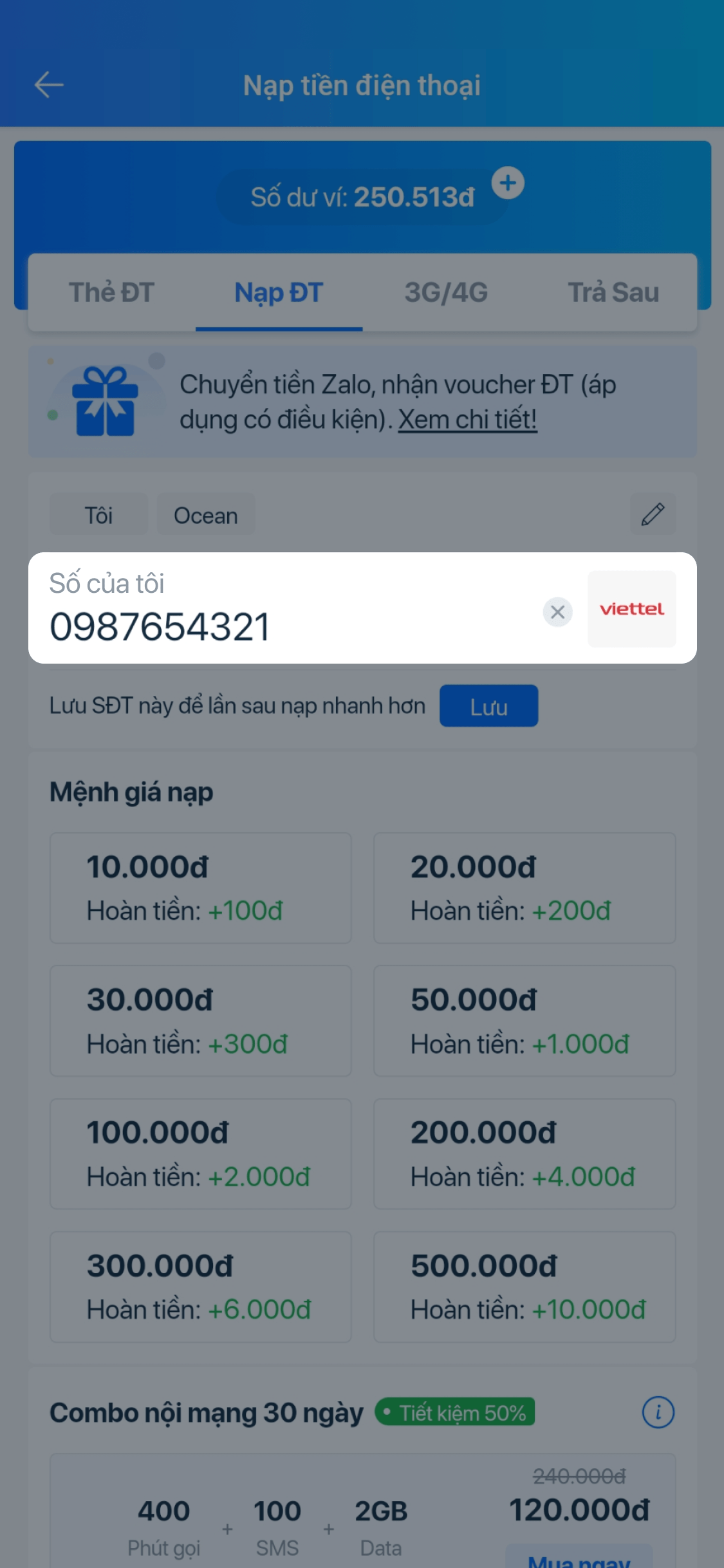 Giao diện nạp tiền điện thoại trên điện thoại