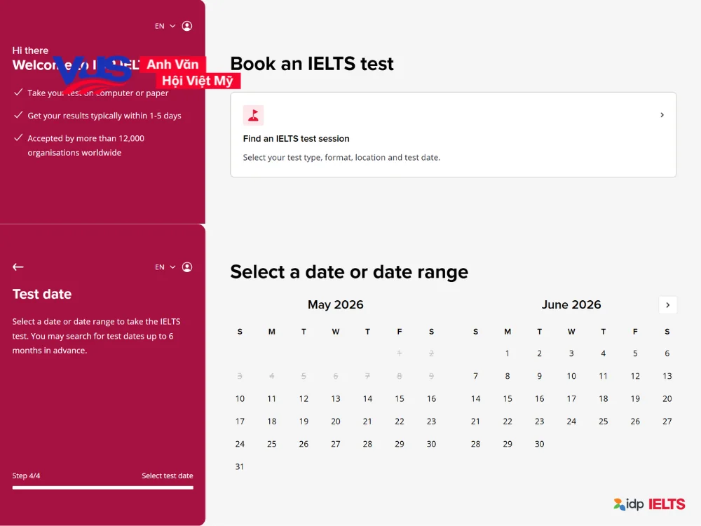 Cách xem lịch thi IELTS năm 2026 tại IDP