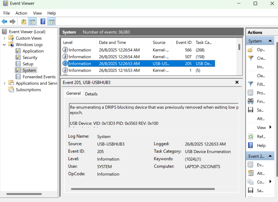 Giao diện chi tiết trình quản lý sự kiện Event Viewer