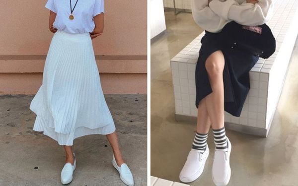 Chân váy kết hợp giày slip-on tạo outfit thanh lịch