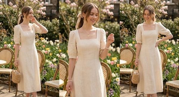 Đầm midi cổ vuông tay phồng nhẹ nữ tính