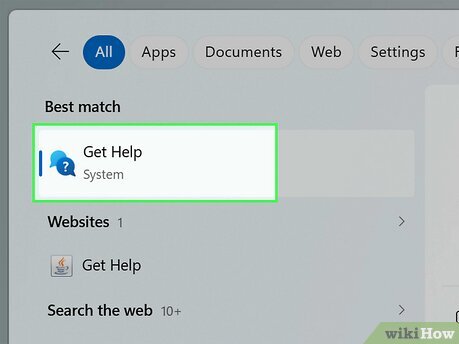 Giao diện nhấp chọn ứng dụng Get Help trong danh sách kết quả tìm kiếm của Windows 11