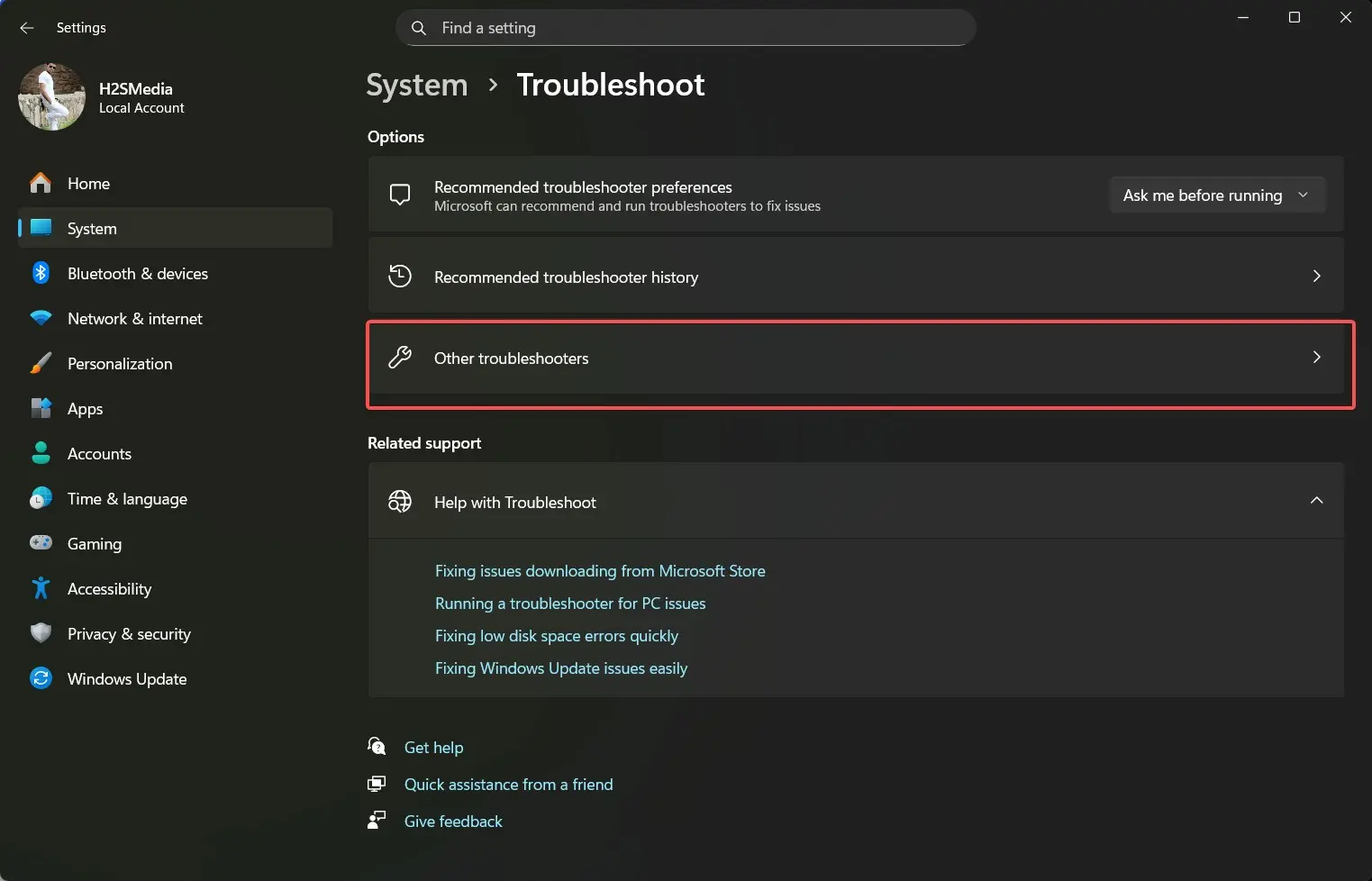 Open Troubleshoot Settings