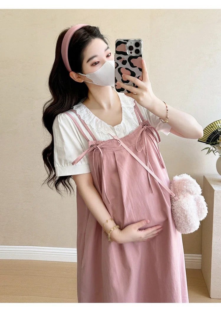Váy yếm bầu phối sơ mi cách điệu