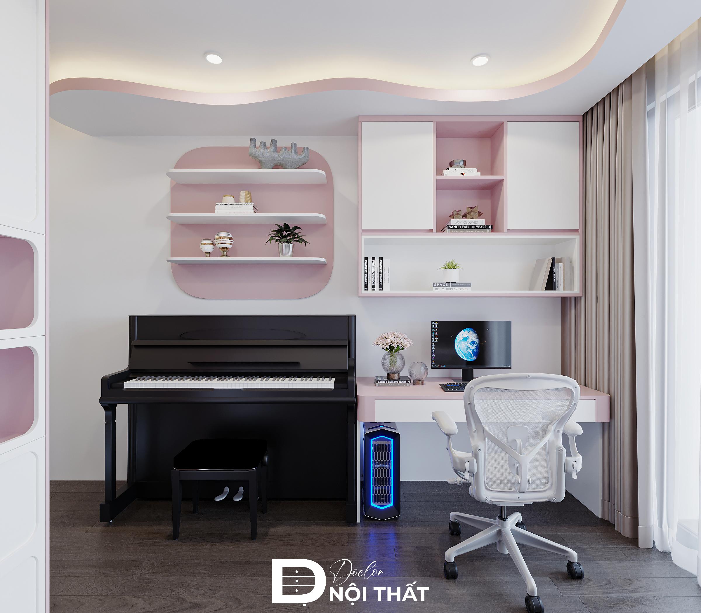 Bàn học và khu giải trí được đặt đối xứng tạo không gian cân đối