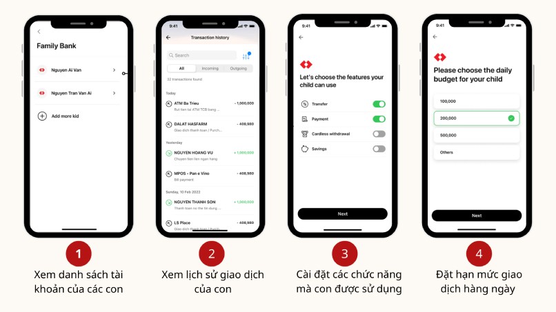 Techcombank Family cho phép bố mẹ liên kết với tài khoản của con để dễ dàng quản lý chi tiêu