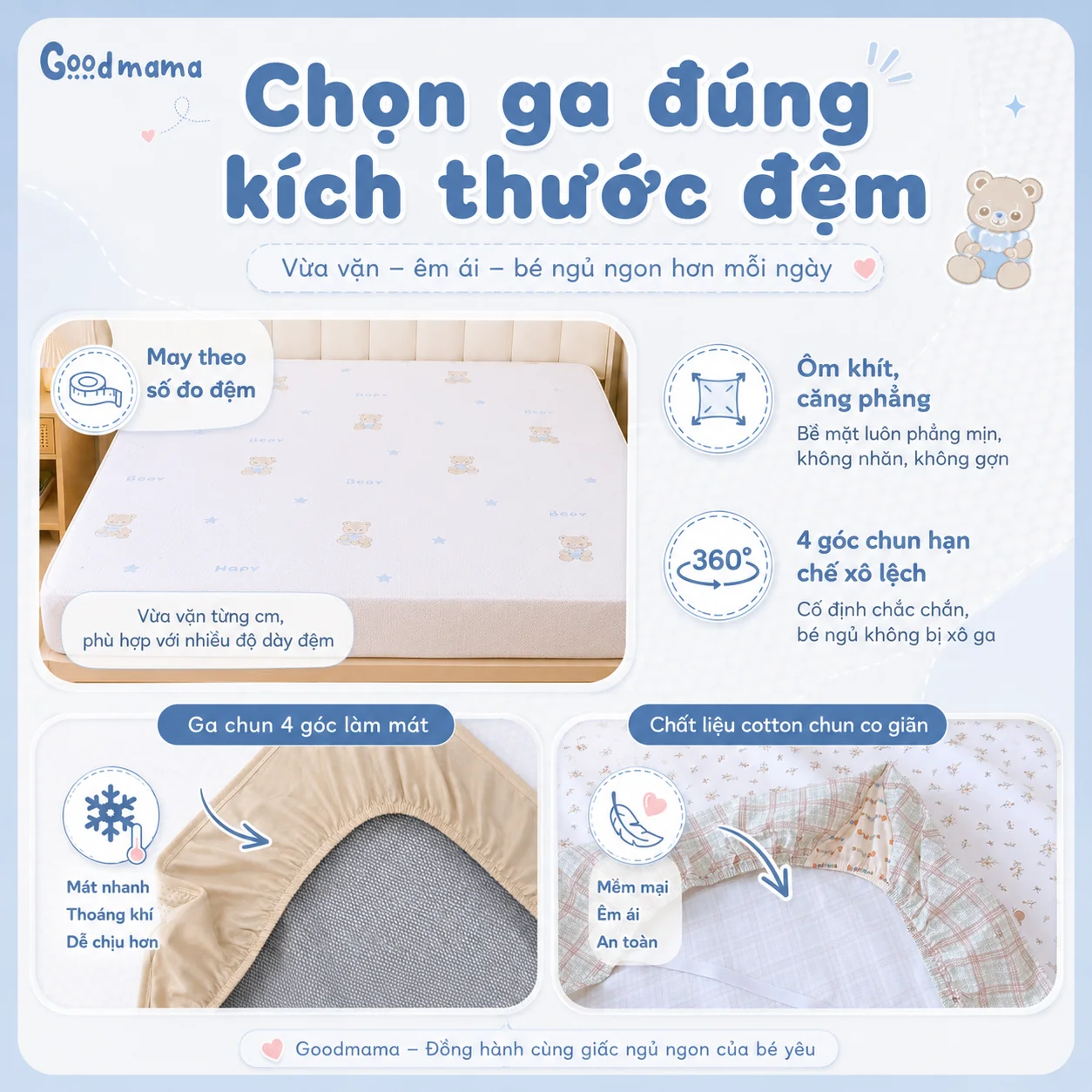 Chăn ga có thiết kế thông minh, dễ dàng tháo giặt giúp mẹ bầu tiết kiệm công sức