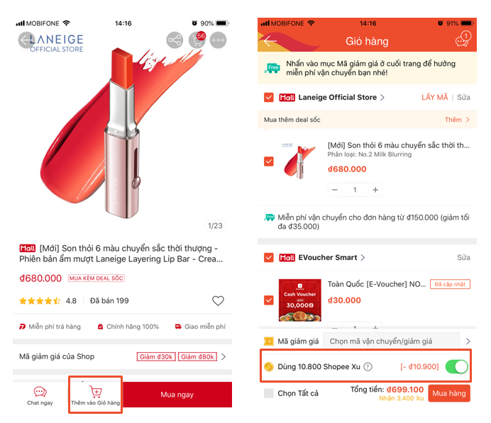 Sử dụng Shopee Xu như mã giảm giá cho đơn hàng