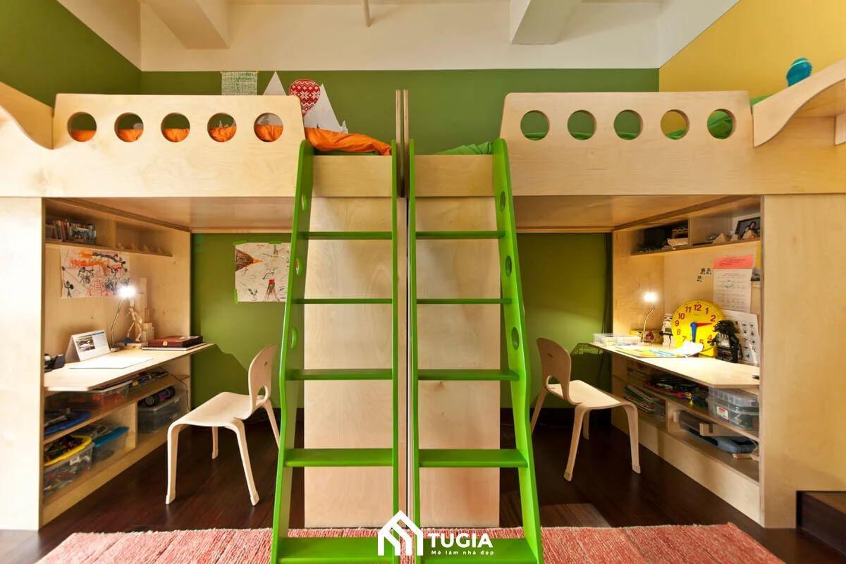 Mẫu thiết kế phòng ngủ chung cho 2 bé theo phong cách đối xứng tạo cảm giác công bằng