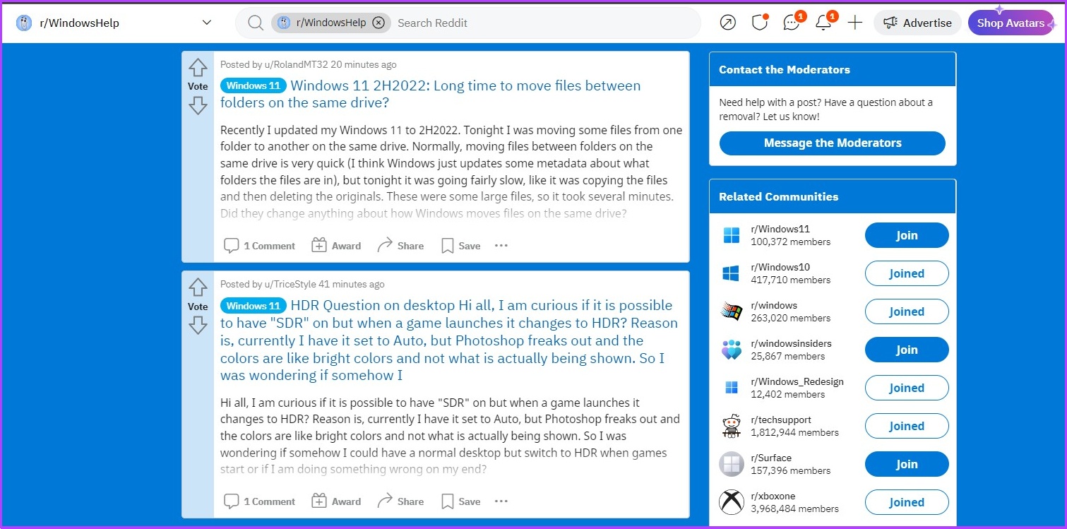 Đăng tải câu hỏi trên cộng đồng Reddit r/WindowsHelp