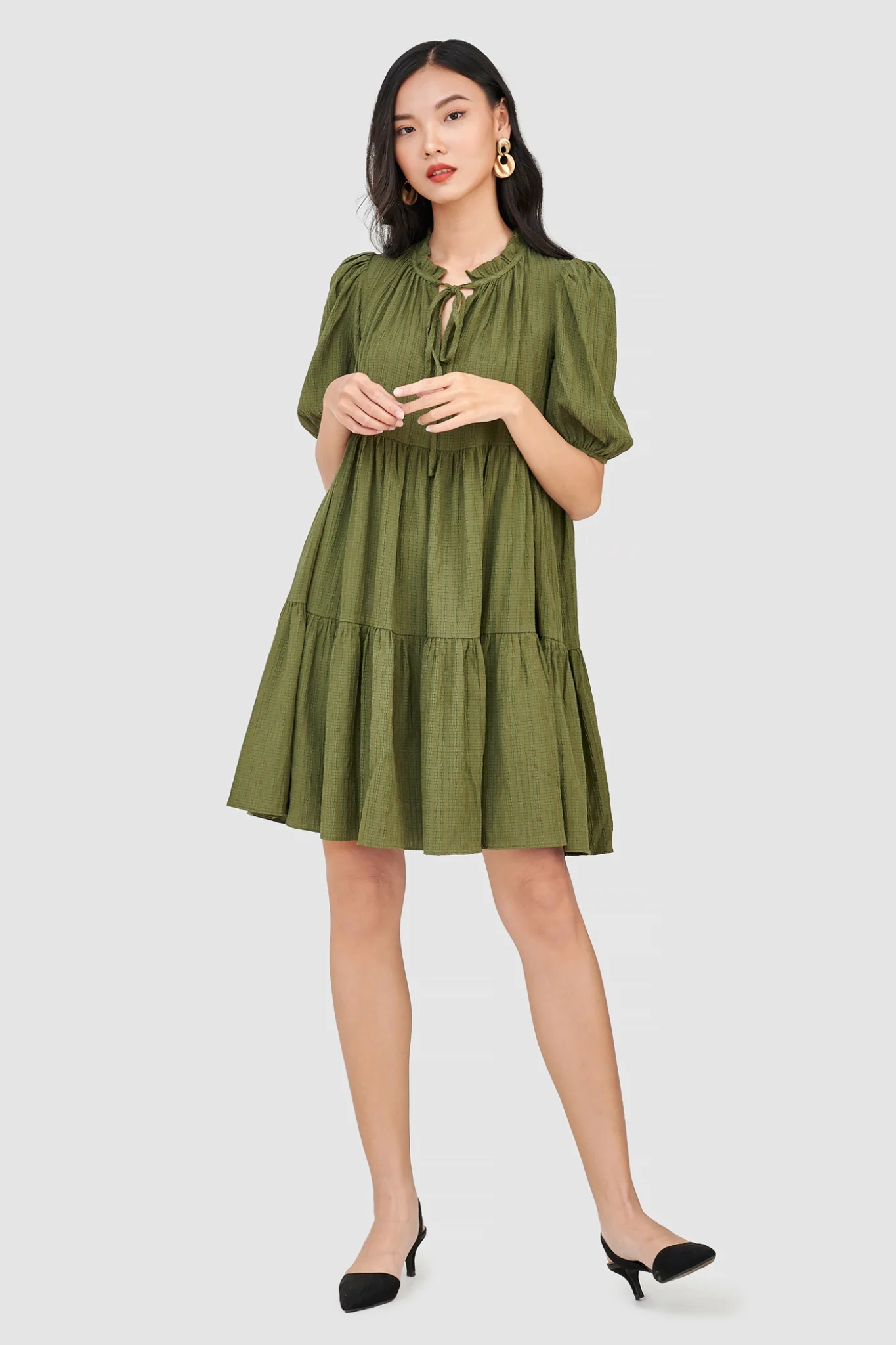 Đầm form babydoll 3 tầng tay phồng