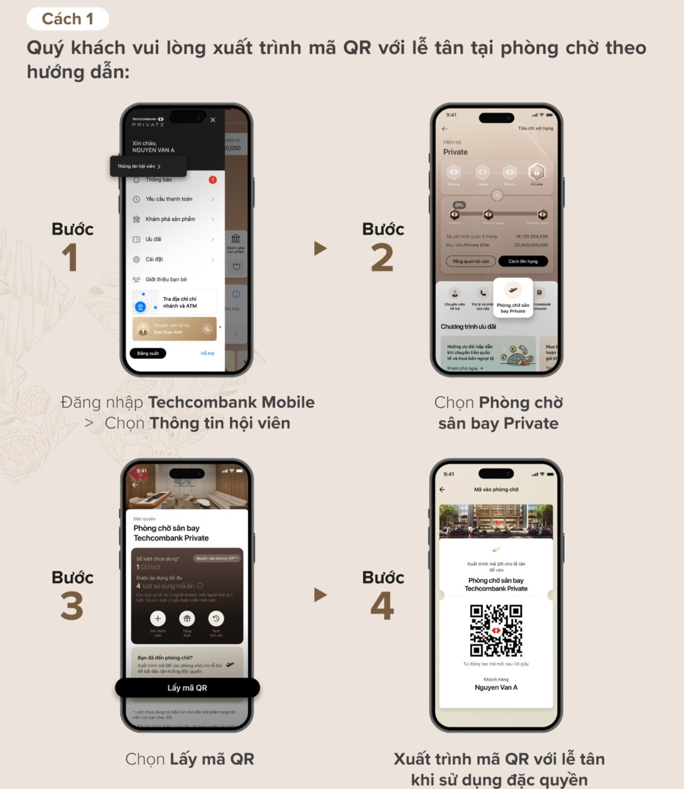 Quy trình check-in nhanh gọn bằng mã QR trên Techcombank Mobile tại quầy tiếp đón