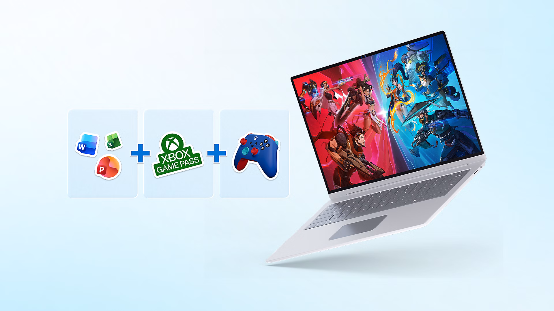 A surface laptop displaying gaming graphics on the screen, with three tiles showing icons for Microsoft 365 applications, XBOX Game Pass, and an XBOX controller.
