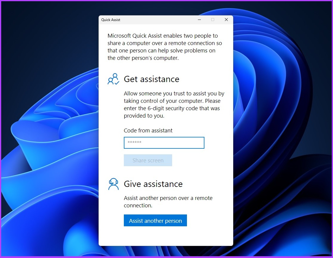 Giao diện kết nối mã bảo mật của công cụ Quick Assist