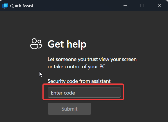 Giao diện yêu cầu nhập mã bảo mật từ người hỗ trợ trong Quick Assist