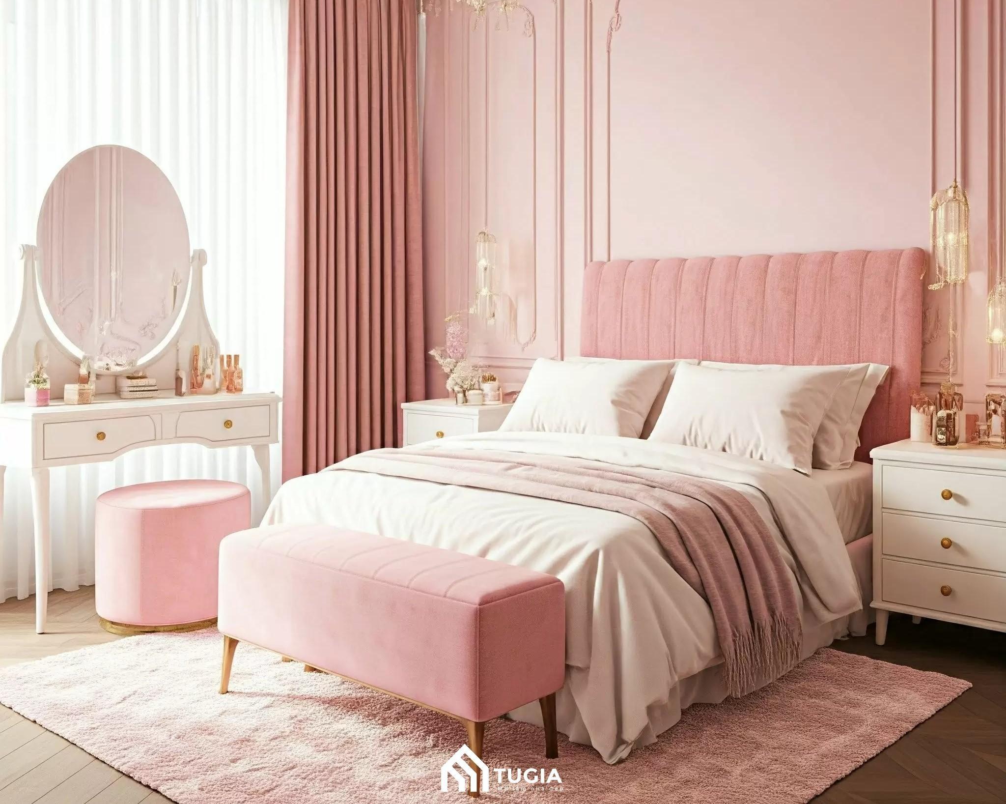 Phòng ngủ nhỏ cho nữ đẹp được trang trí tone màu hồng chủ đạo