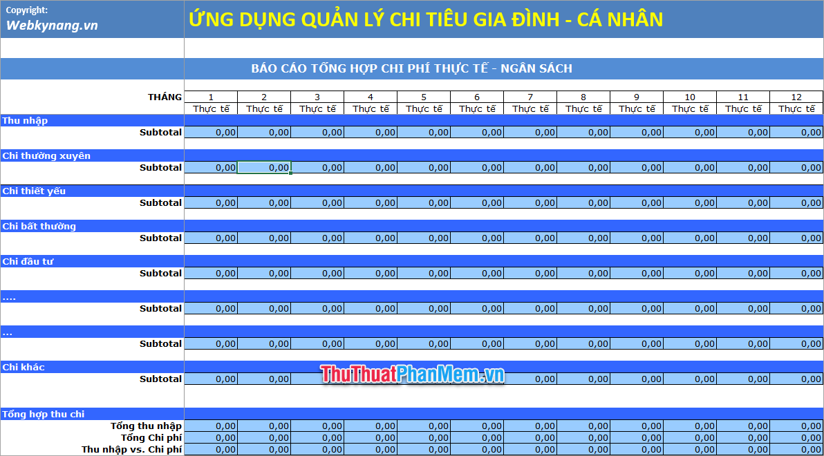 Demo mẫu kế hoạch chi tiêu gia đình bằng Excel 4