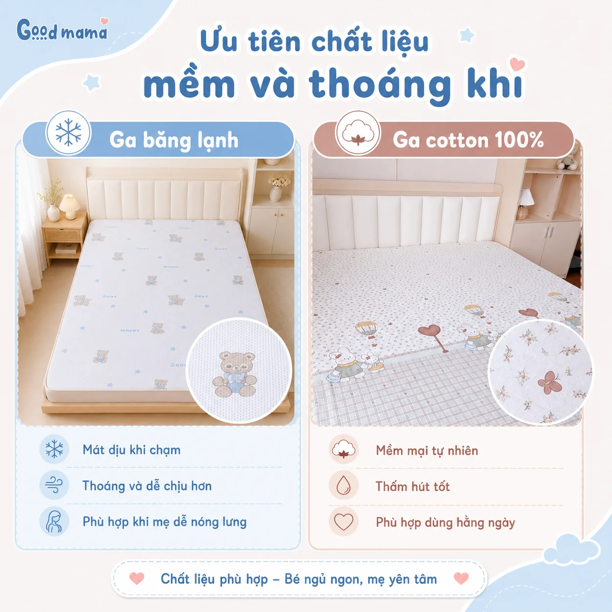 Thiết kế ga giường chống thấm ôm khít đệm giúp mẹ bầu có tư thế nằm thoải mái nhất