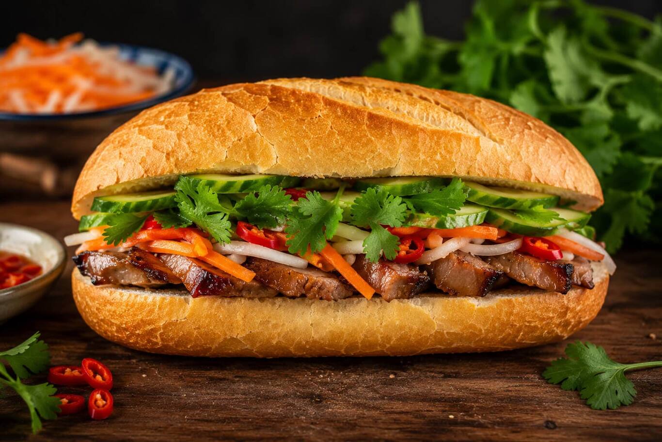 Bánh mì Việt Nam kẹp nhân đầy đặn, vỏ giòn